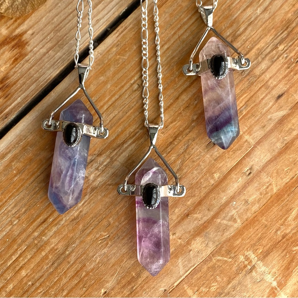 Rainbow Flourite Sterling Silver Necklace Purple Pink 20” - Picture 4 of 14